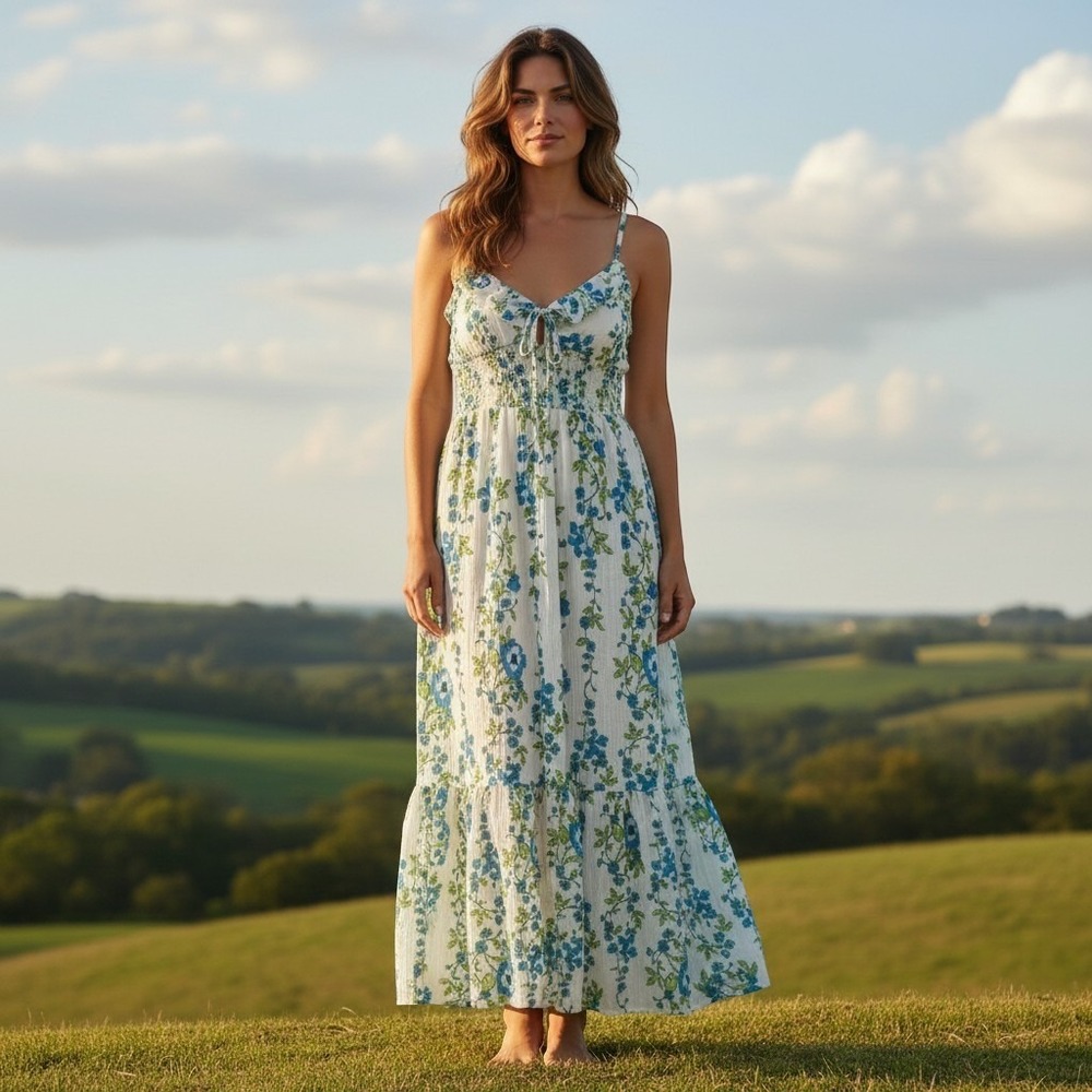 Band of the Free Floral Ruffle Maxi Dress Egret Palace Blue XS B50326 Boho